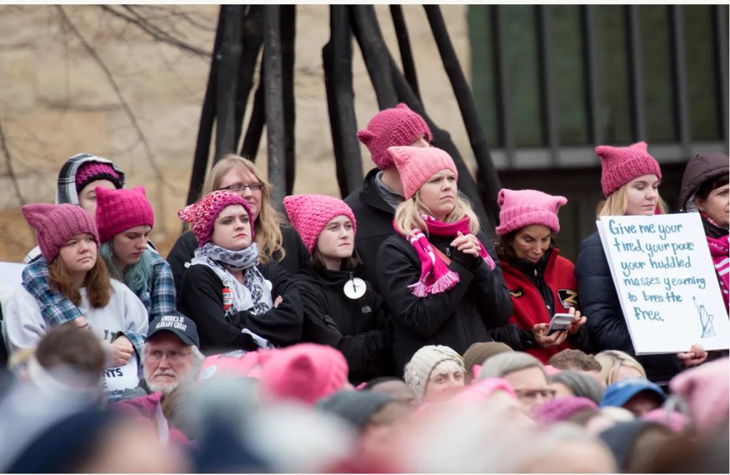 demonstrators wearing pink pussyhats
