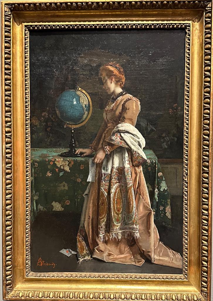 Belgian artist Alfred Stevens (1823-1906) meticulously paints a paisley and other details like a fashion illustrator in News from Afar 1870. (Image Credit: San Diego Art Museum)