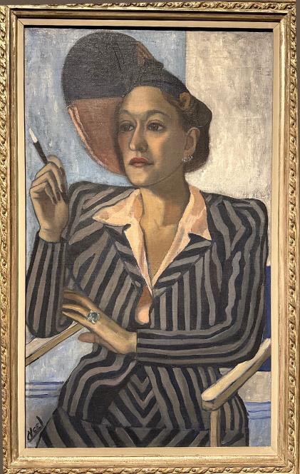 American artist Alice Neel (1900-1984) Portrait of Mildred Myers Oldden depicted with broad shoulder pads and a distinctive stiped suit in 1937. 