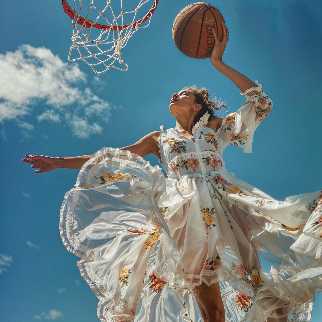 Inspired by the strength and grace of female athletes, Anna blends couture fashion with the spirit of women's basketball