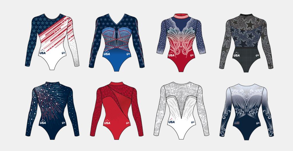 8 digital renderings of US Olympic Gymnast team leotards