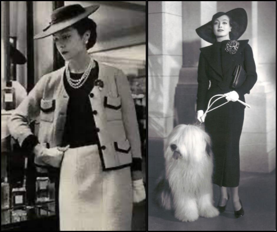 images of CoCo Chanel Suit 1925 and Adrian's suits for Joan Crawford with broad shoulders 