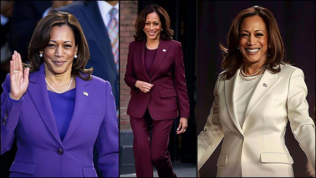 Kamala Harris wearing power pant suits in an array of colors