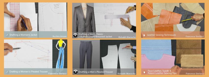 UoF lessons: Drafting a Women’s Jacket, Drafting a Women’s Pleated Trouser, Drafting a Men’s Classic 2-Button Single Breasted Blazer, Drafting a Men’s Pleated Trouser, Leather Sewing Techniques and Faux Leather, Suede, Patent Leather Sewing Tips.