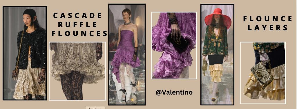 From Valentino’s S/S 2025 collection: Cascade ruffled flounced skirt and dress. Layered flounced skirt paired with a frog and loop front closure embellished jacket. (Image credit: Vogue.com)