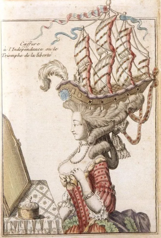 One of Marie Antoinette's with a pirate ship hairstyle. 