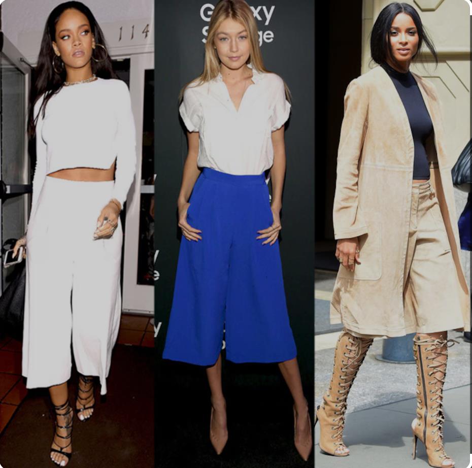 Rihanna, Gigi Haddad and Ciara wearing culottes